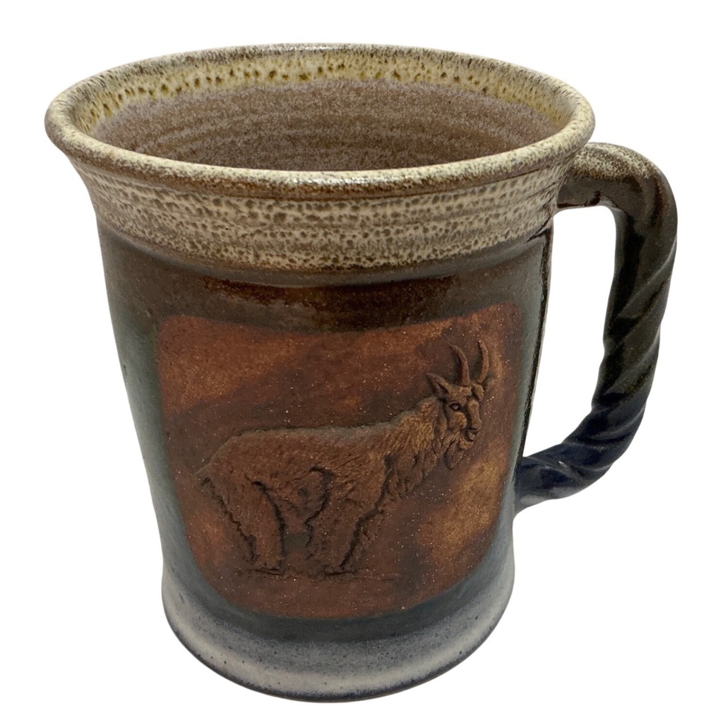 Other Brand Vintage Pottery Mug Mountain Goat Embossed Twisted Handle Brown Blue